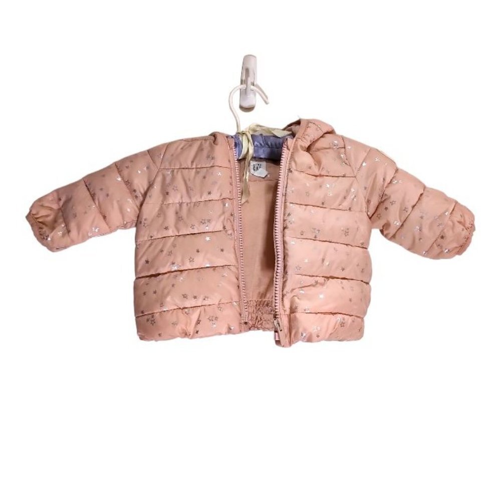 NWOT Baby Gap Puffer Jacket 0-6 Months Salmon Pink Metallic Silver Stars
